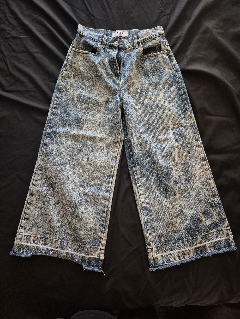 MSGM Blue Acid Wash Wide Leg Denim Women's Jeans Authentic- Frayed Hem